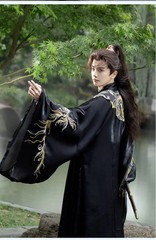 Unisex Black Hanfu Cloud Shoulder Embroidery Swordsman Cosplay Costume Unisex