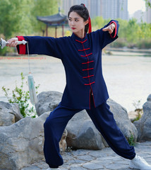 Unisex Tai Chi Kung Fu Suit Set Line Blend Morning Exercise martial arts Uniform