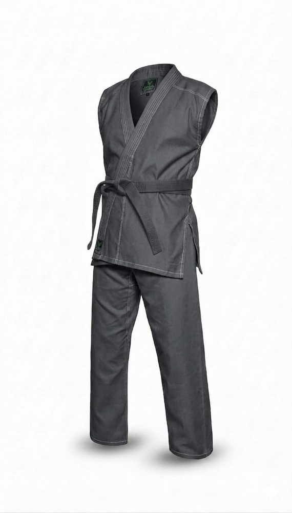 Sleeveless Grey Karate Gi Martial Arts Uniform Lightweight Training Suit & Belt