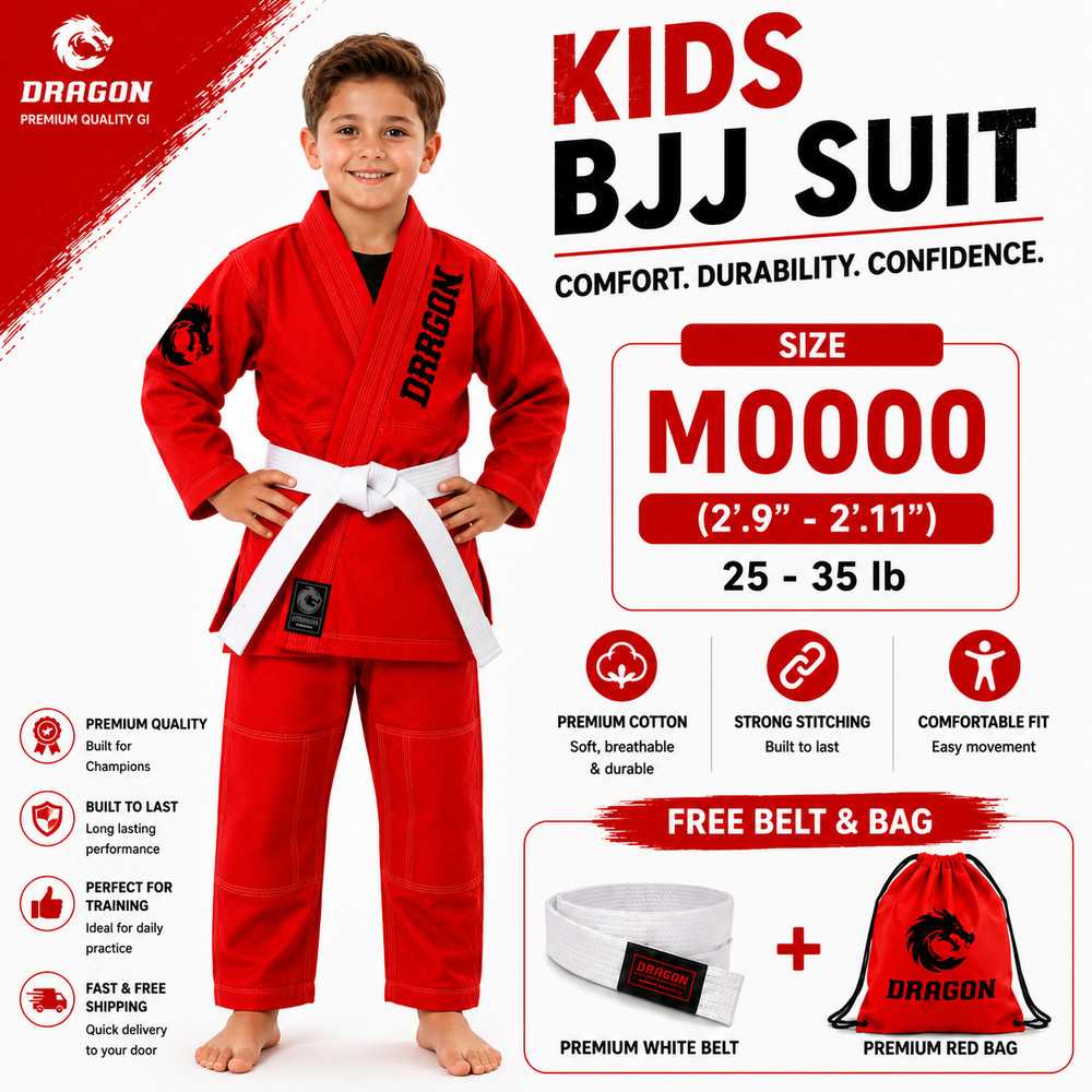 Red Kids Brazilian Jiu-Jitsu Gi Kids BJJ Training Uniform With Free Belt & Bag