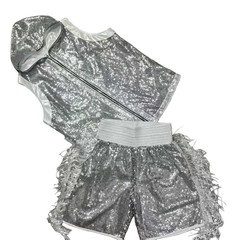 Custom Silver Sequin Boxing Walkout Set Vest & Shorts with Fringe