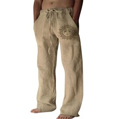 Cotton Linen Pants Men, Summer Beach Pants Loose Fit with Elastic Large Coffee