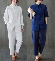 Women’s Retro Linen Shirts Pants Tai Chi Sets Blouse Martial Arts Kung Fu Suits