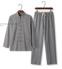Chinese Traditional Tang Suit Kung Fu Tai Chi Uniform Men Linen Shirt+Pants Set