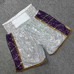 Custom Chain Trim Boxing Fight Robe Set – Sequin Silver Purple Entrance Uniform