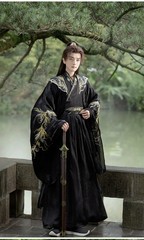 Unisex Black Hanfu Cloud Shoulder Embroidery Swordsman Cosplay Costume Unisex