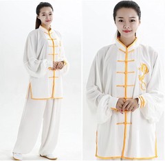 One Suit Unisex Cotton Silk Dragon Embroidery Long Sleeves Tai Chi Uniform Suit