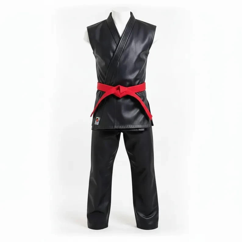 Black Leather Sleeveless Karate Gi – Heavy Duty with Free Belt
