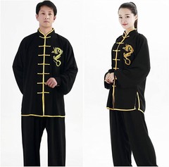 One Suit Unisex Cotton Silk Dragon Embroidery Long Sleeves Tai Chi Uniform Suit