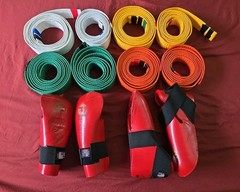 Macho Martial Arts Gi Lot of 2 Uniforms with 8 belts and Macho Sparring Gear