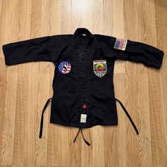 Vintage Karate Taekwondo Martial Arts Black Uniform Shirt US Flag Patches Youth