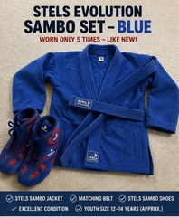 STELS Evolution Blue Sambo Set Jacket w/ Belt,Shoes Size 38 :146 cm/ Youth 10-11