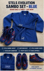 STELS Evolution Blue Sambo Set Jacket w/ Belt,Shoes Size 38 :146 cm/ Youth 10-11
