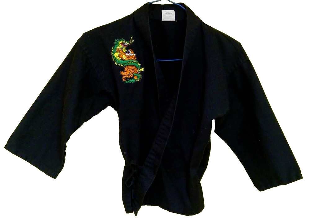 Century Martial Art Jacket Size 00 Child 4 Black Ties Embroidered Tiger & Dragon