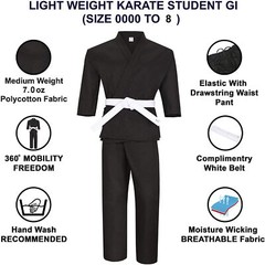 NEW Black/White Karate Uniform, Gi 7 oz Adult Kids w/White belt Tae Kwon Do
