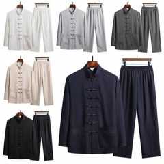 Men Chinese Tang Suit Kung Fu Tai Chi Set Long Sleeve Shirt and Pant Uniform