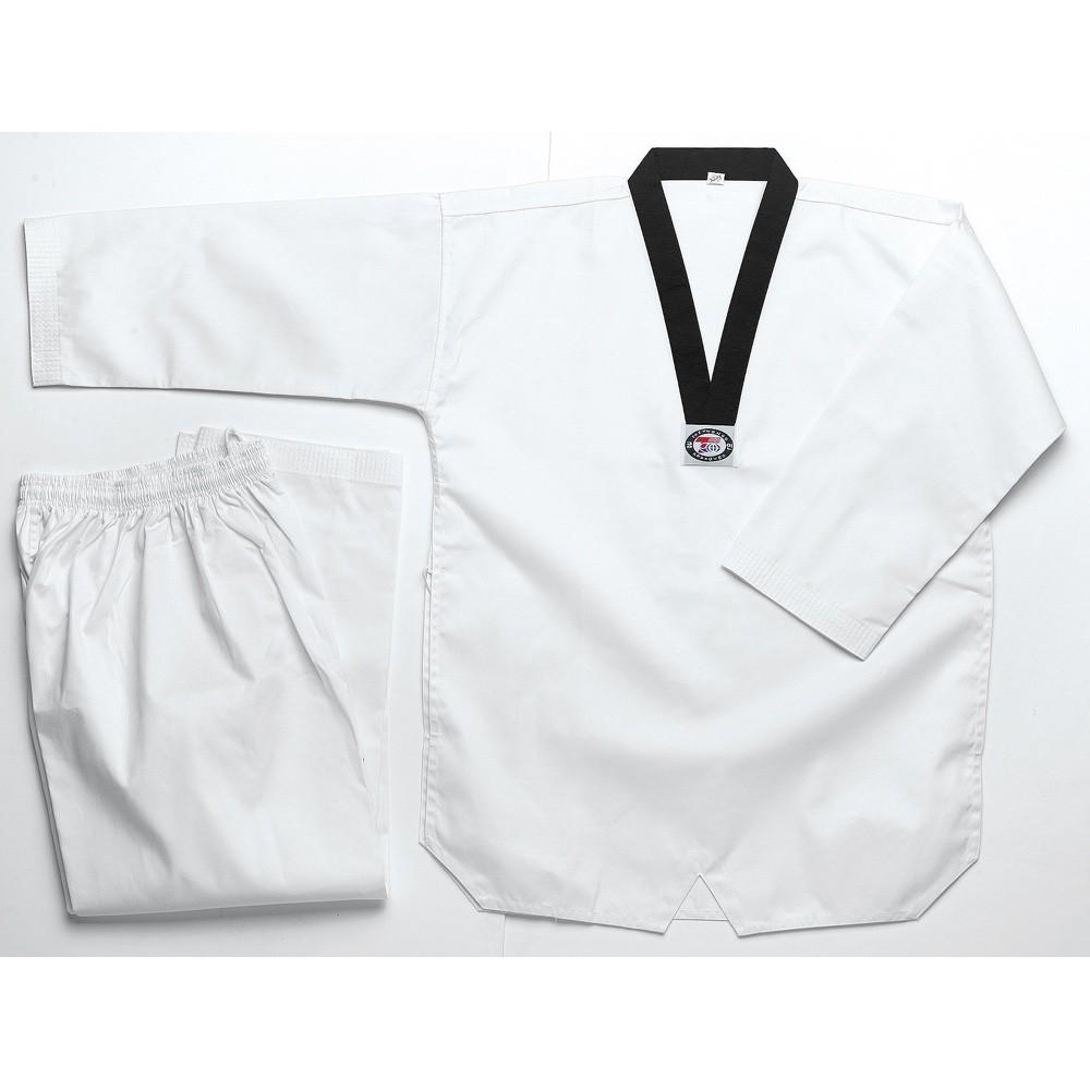 WHITE „V” NECK TAEKWONDO UNIFORM WITH BLACK COLLAR- ADULT