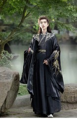 Unisex Black Hanfu Cloud Shoulder Embroidery Swordsman Cosplay Costume Unisex