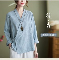 Vintage Diagonal Placket Button-down Shirt Long-sleeved Top Retro Zen