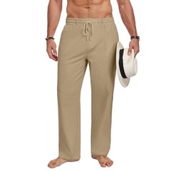 Men Casual Cotton Linen Pants, Elastic Drawstring Waist Large Dark Khaki