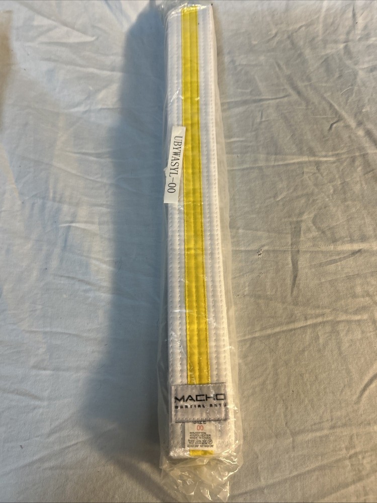 Macho Martial Arts 1.75” White With Yellow Stripe Belt Size 00
