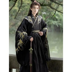 Unisex Black Hanfu Cloud Shoulder Embroidery Swordsman Cosplay Costume Unisex