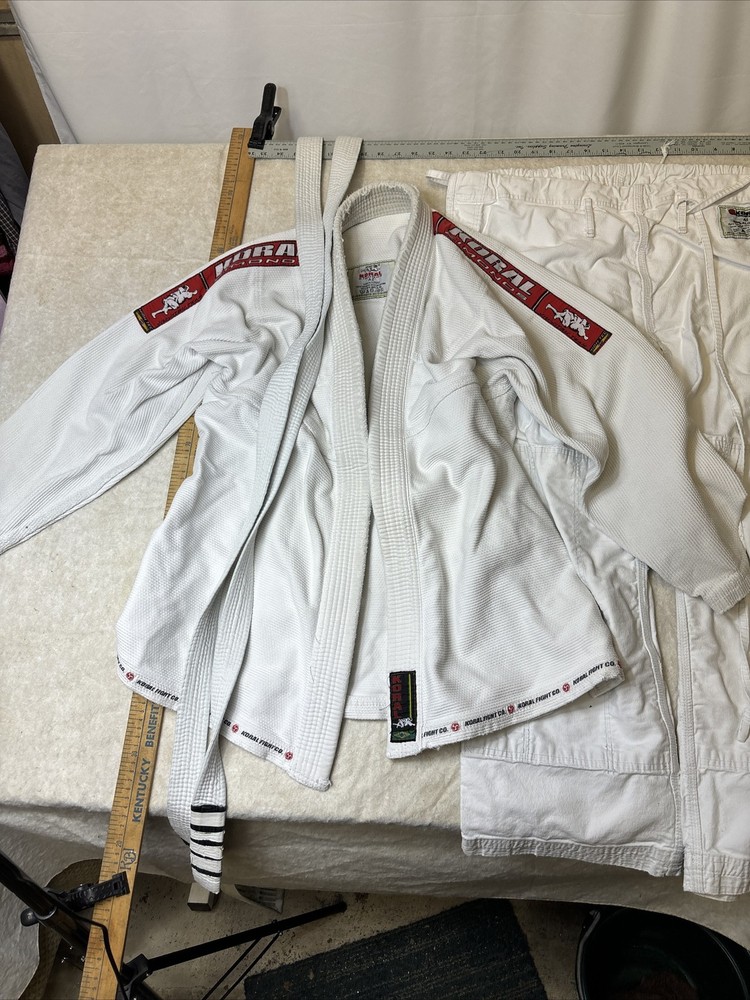 Koral Fight Co A1 White 100% Cotton Brazilian Jiu-Jitsu Top A3 Pants, Manto Belt