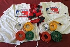 Macho Martial Arts Gi Lot of 2 Uniforms with 8 belts and Macho Sparring Gear