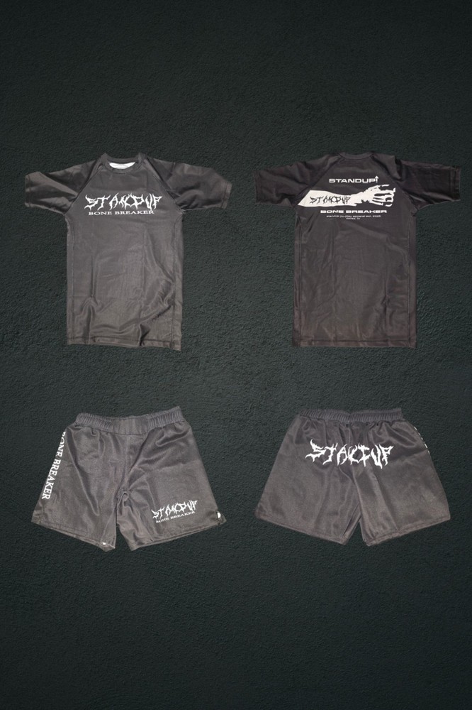 STANDUP Bone Breaker BJJ/MMA Rash Guard Shirt and Shorts Set Black Athletic Gear