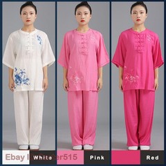 Womens Martial Arts Tai Chi Uniform Loose Kung Fu Suit Sets Flower Embroidery