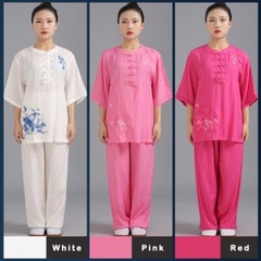 Womens Martial Arts Tai Chi Uniform Loose Kung Fu Suit Sets Flower Embroidery
