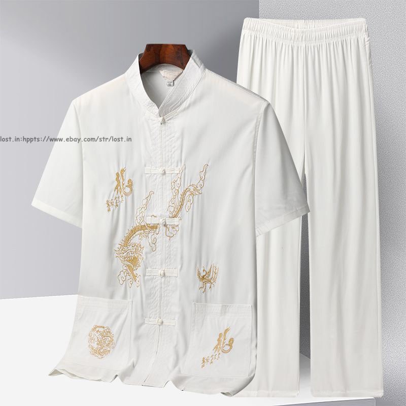 Mens Retro Tang Suit Hanfu Summer Chinese T-Shirt+Pants Sets Tai Chi Embroidered