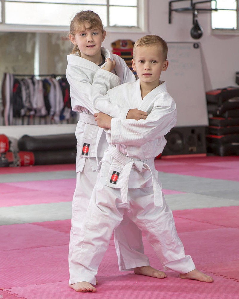 KANKU Bjj gi, Judo Uniform, Single Weave 450 gram White and Blue Jiu Jiutsu kids