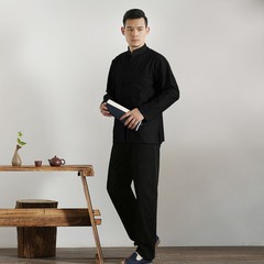 Mens 2 Piece Chinese Kung Fu Suit Shirts Pants Martial Arts Frog Button Top