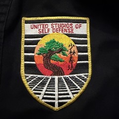 Vintage Karate Taekwondo Martial Arts Black Uniform Shirt US Flag Patches Youth