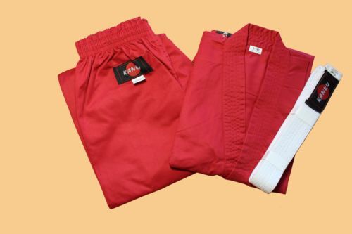 KANKU NEW Red Karate Uniform, Gi 7.5 oz Adult Kids w/White belt Tae Kwon Do