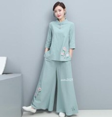 New Women Tai Chi Top+pant Martial Arts Kung Fu Yoga Uniform Cotton Linen Sports