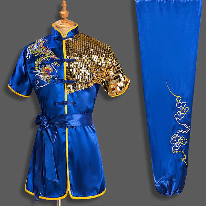 A Set Martial Arts Tai Chi Uniform Kung Fu Wushu Suit Sequins Dragon Embroidery