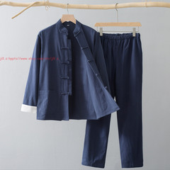 Men Chinese Traditional Linen Cotton Tai Chi Kung Fu Uniform buckle Shirt+pants