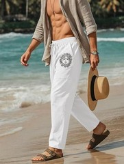 Cotton Linen Pants Men, Summer Beach Pants Loose Fit with Elastic Large White