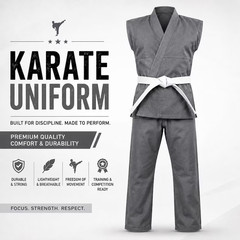 Premium Grey Sleeveless Karate Uniform with White Belt | Lightweight Martial Art