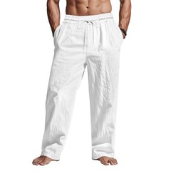 Men Casual Cotton Linen Pants, Elastic Drawstring Waist Summer Medium White