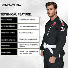 KOMBAT USA Lightening Pro BJJ Gi Ultra Light 100% Cotton + FREE White Belt