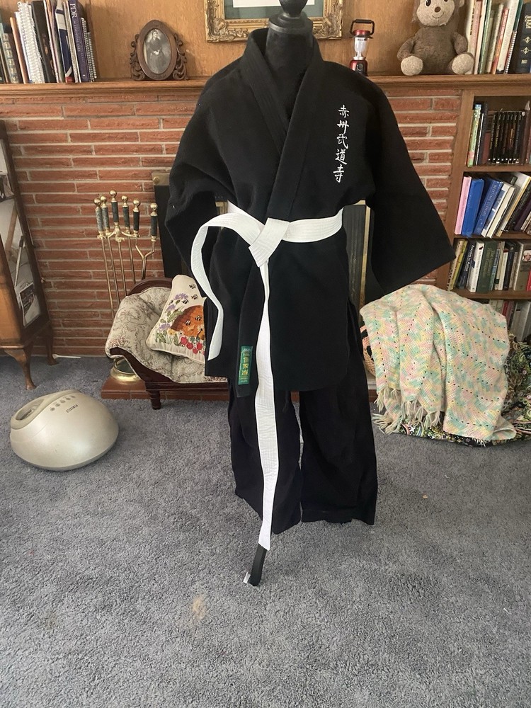 Black Martial Arts Gi with White Belt Embroidered Jacket