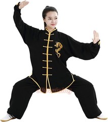One Suit Unisex Cotton Silk Dragon Embroidery Long Sleeves Tai Chi Uniform Suit