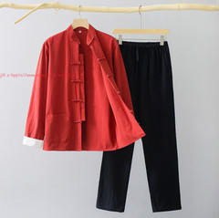 Men Chinese Traditional Linen Cotton Tai Chi Kung Fu Uniform buckle Shirt+pants