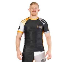 Fuji Linear Lockdown MMA BJJ Jiu Jitsu Short Sleeve SS Rashguard – Black/Orange