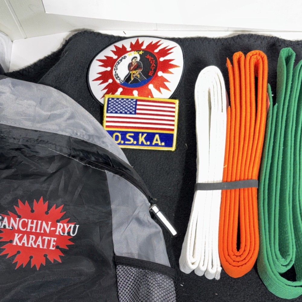 Sanchin-Ryu Karate Martial Arts Uniform Set with Belts, Patches, Black Gray