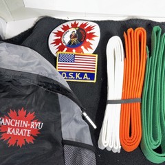 Sanchin-Ryu Karate Martial Arts Uniform Set with Belts, Patches, Black Gray
