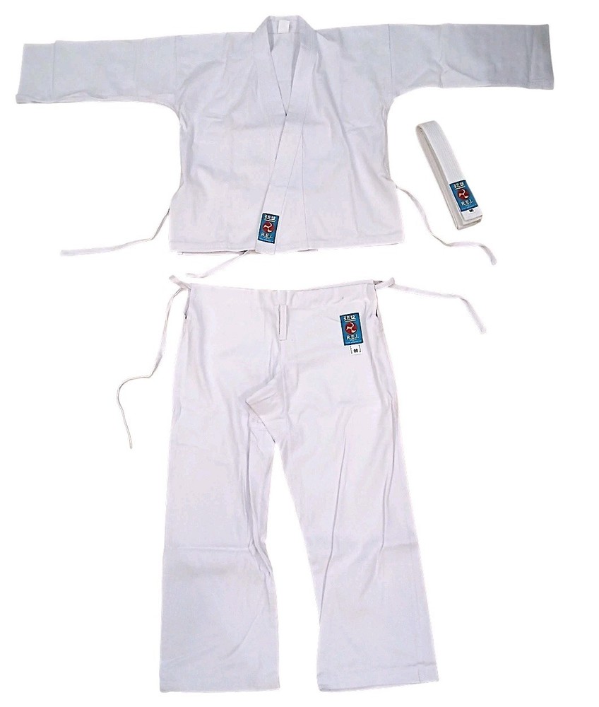 R.E.I Martial Arts Uniform Set Karate Taekwondo Jacket Pant Belt White Sz 00 Kid